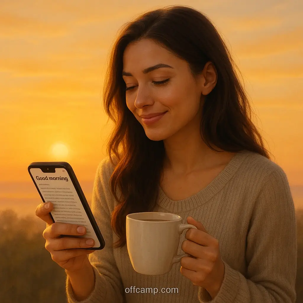 Beautiful woman reading a long good morning message on her phone with coffee and sunrise background