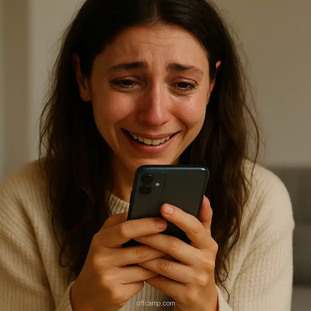 Beautiful woman reading long love messages for her on phone with tears of joy and happiness in eyes