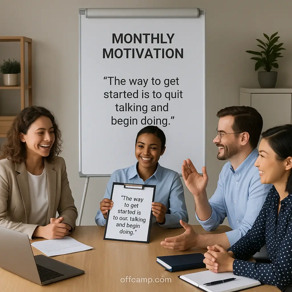 Business team sharing monthly motivation quotes during morning meeting for goal achievement