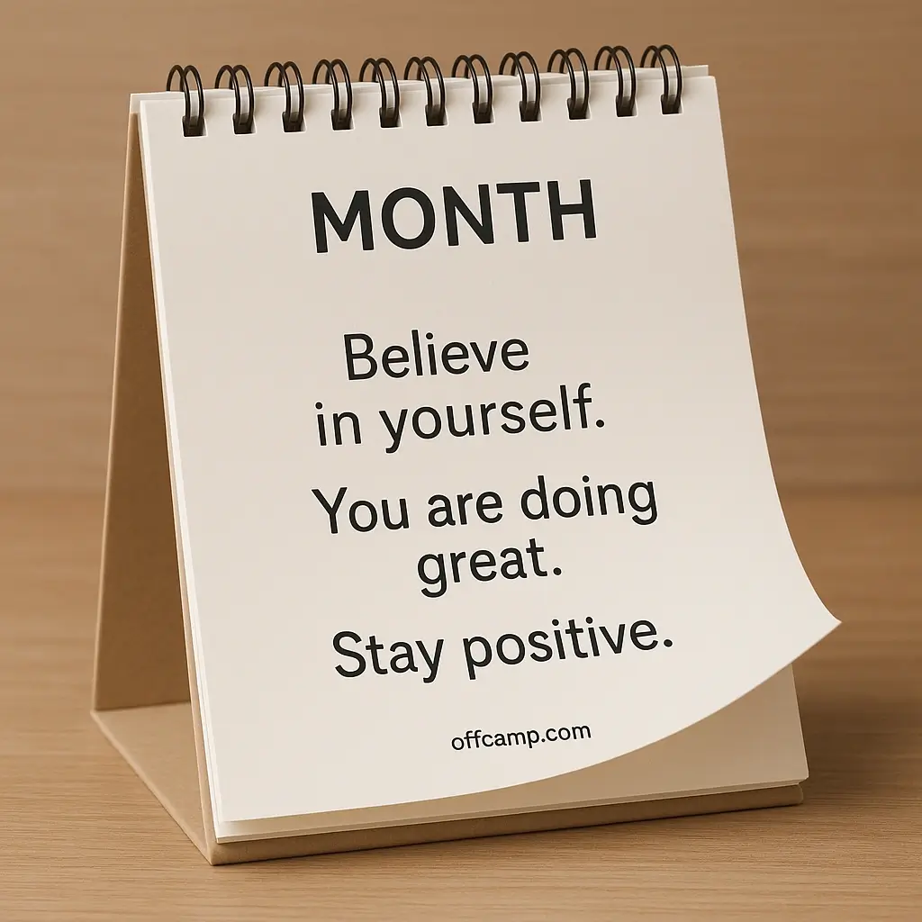 Calendar with happy new month with inspiring quotes and positive affirmations written