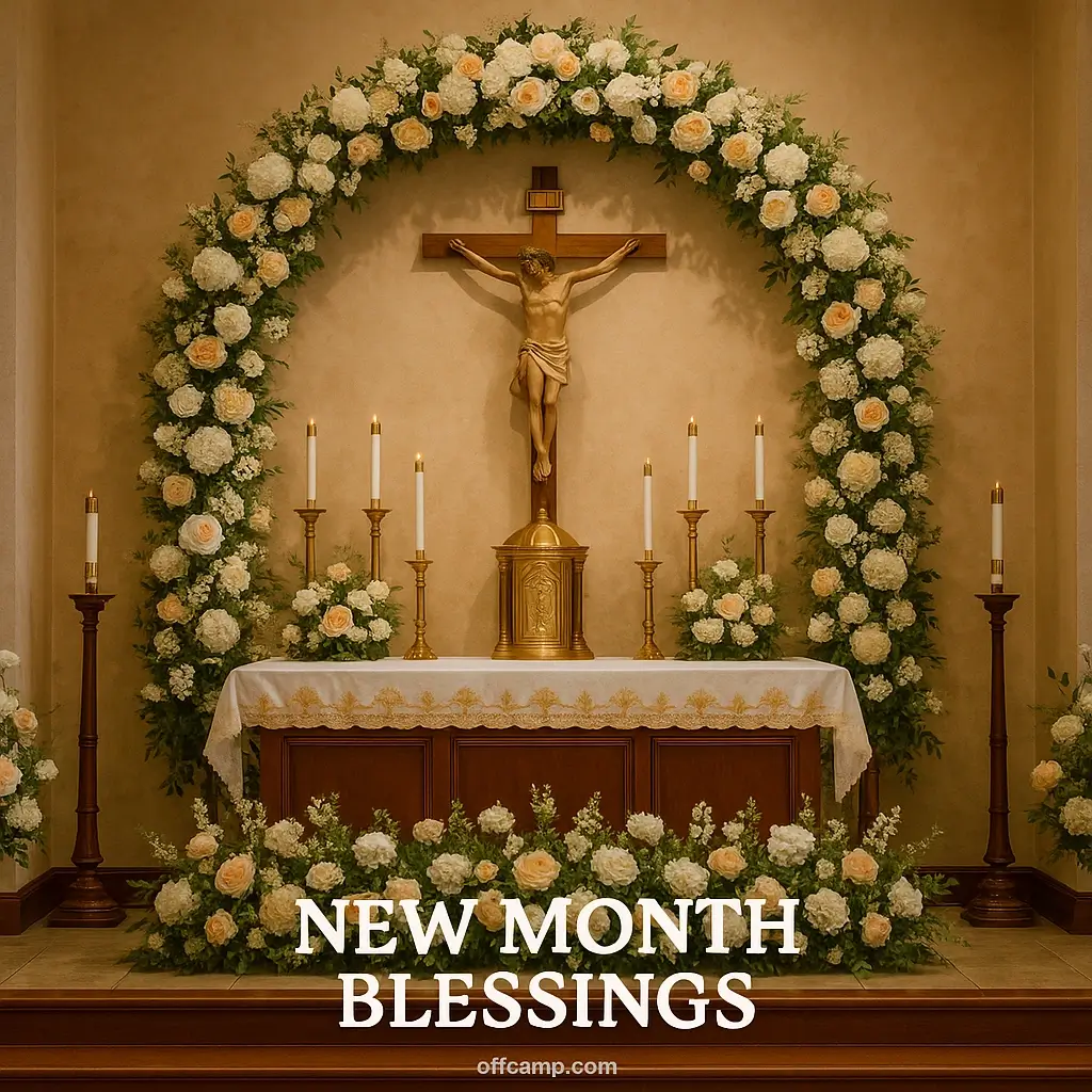 Church altar decorated with flowers for new month blessings ceremony and worship