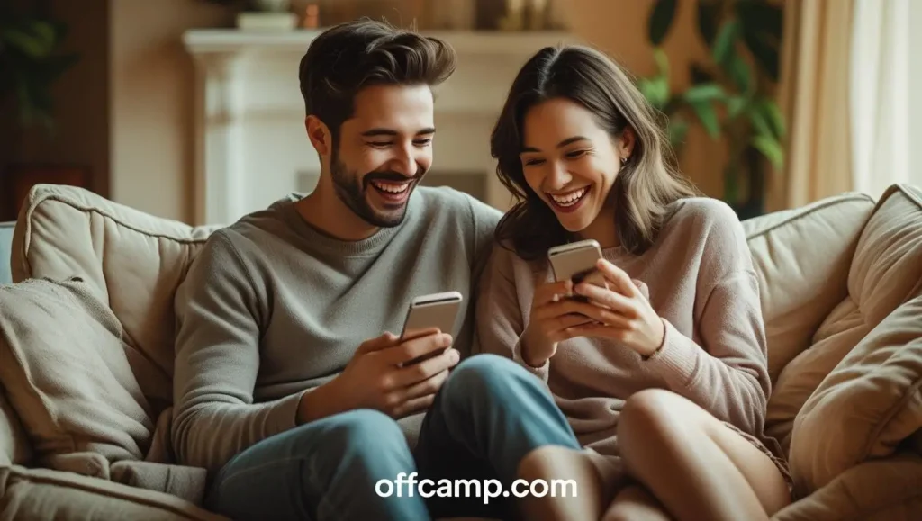 Couple laughing while reading flirty messages on smartphones together in cozy setting