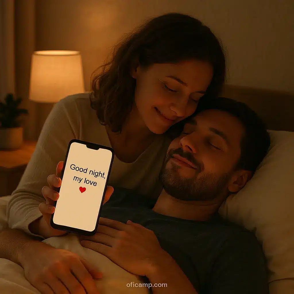 Couple sharing sweet good night message for him before bedtime in cozy bedroom setting