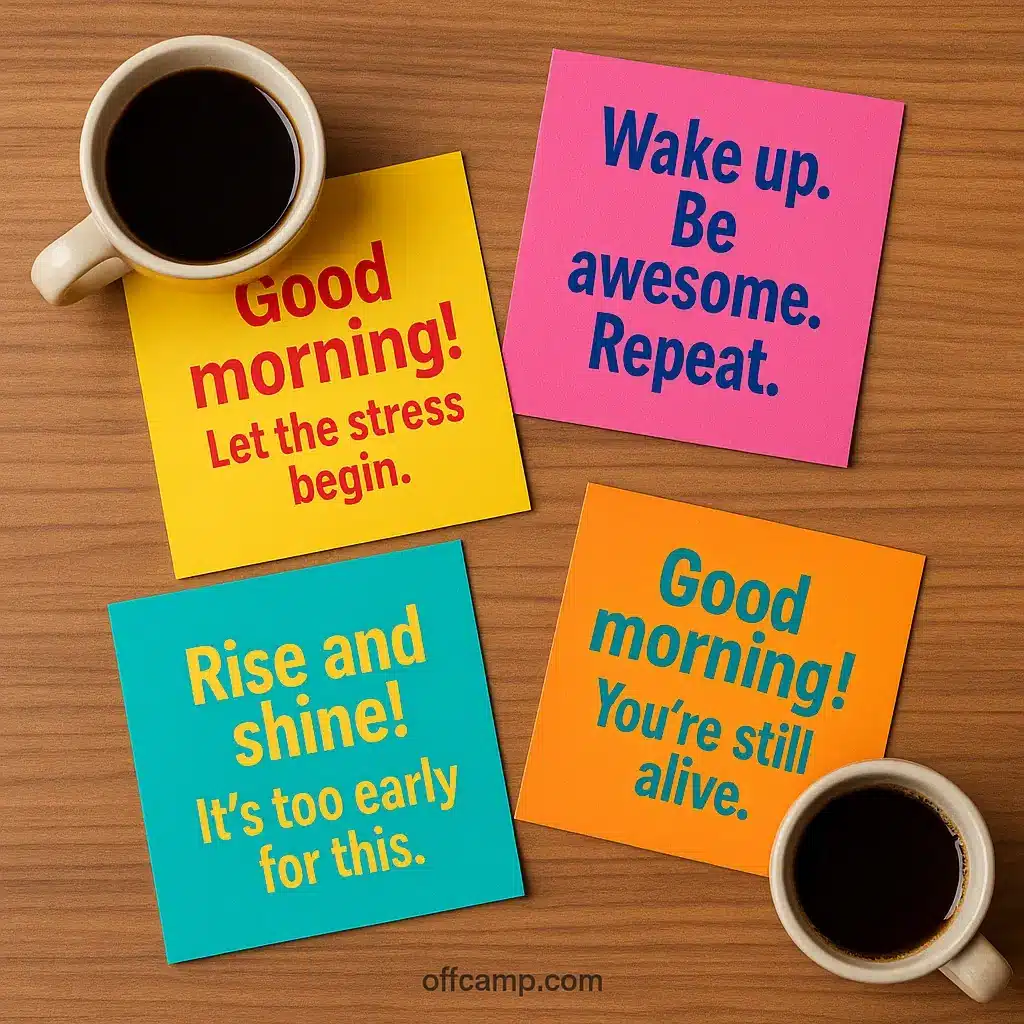 Funny good morning messages for friends displayed on colorful greeting cards with coffee cups