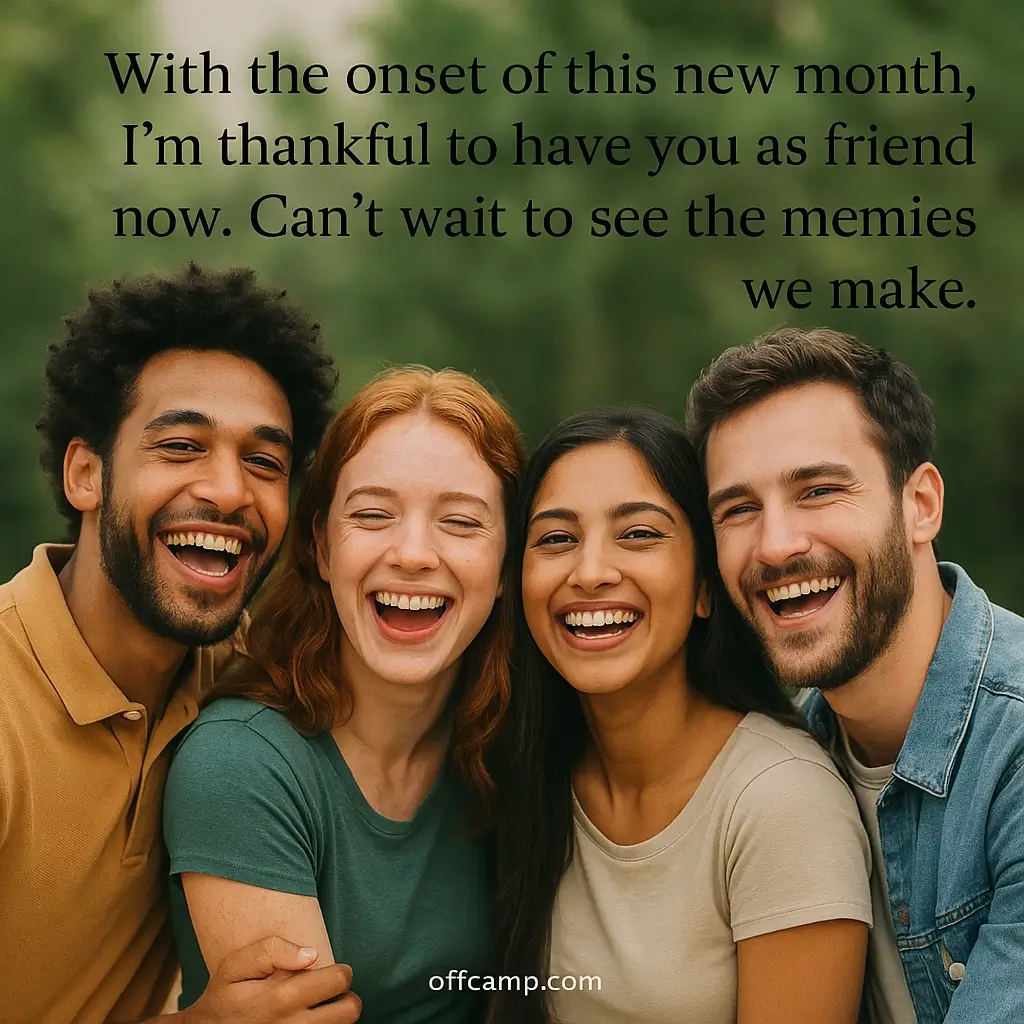Group of diverse friends celebrating new month messages for friends with cheerful expressions