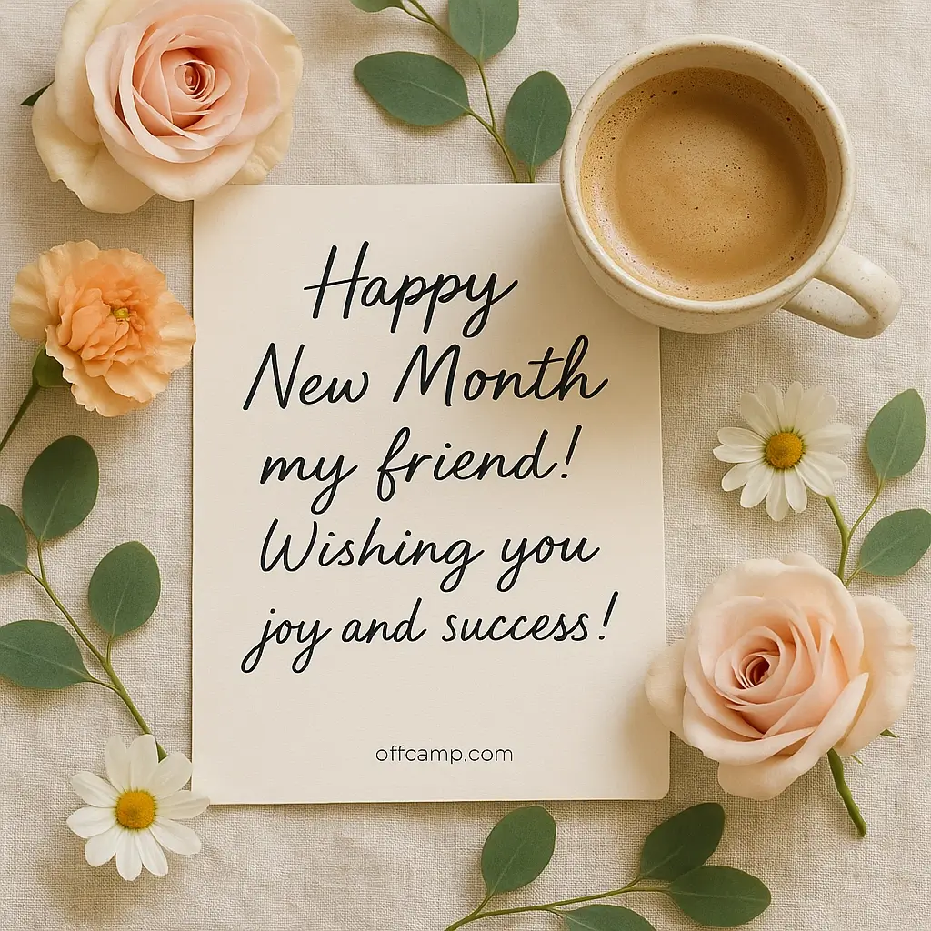 Handwritten new month messages for friends on beautiful stationery with flowers and coffee