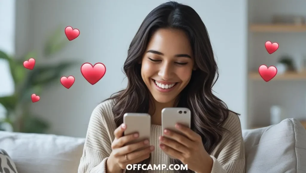 Happy girlfriend reading sweet flirty messages from boyfriend with heart emojis visible