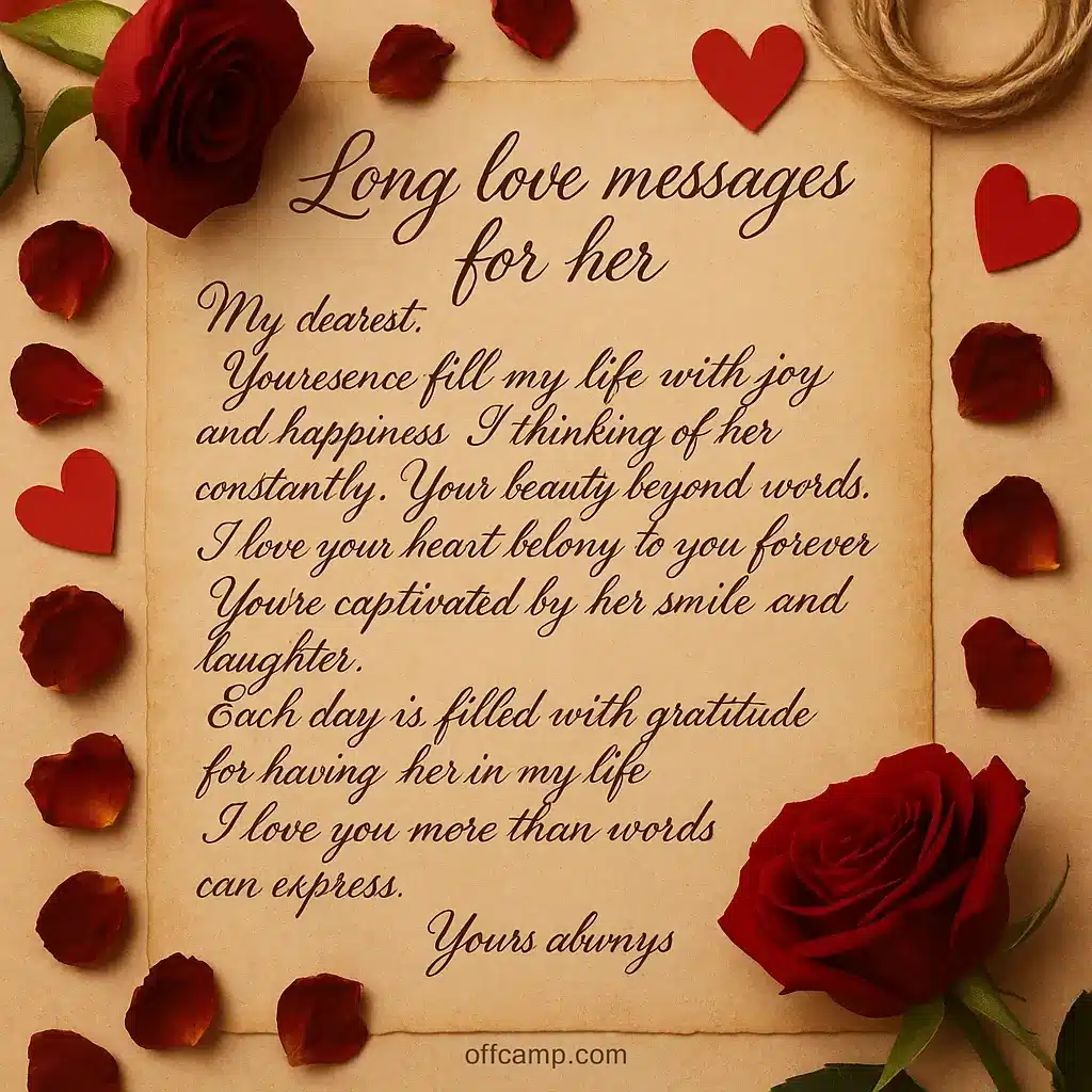 Handwritten long love messages for her displayed on romantic background with flowers and candles nearby