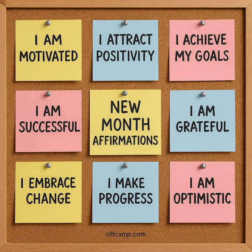 Motivational new month affirmations written on sticky notes arranged on vision board