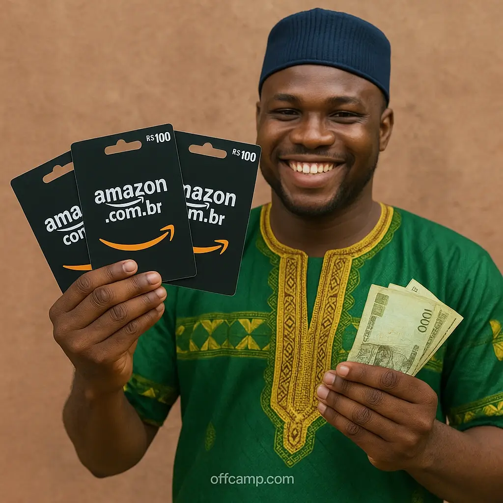 Nigerian trader holding Amazon Brazil gift cards for naira exchange