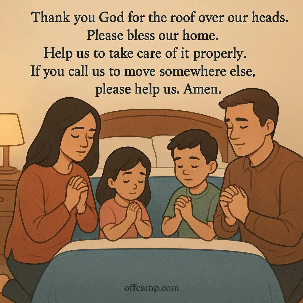 Parents and children kneeling together saying family evening prayers before bedtime