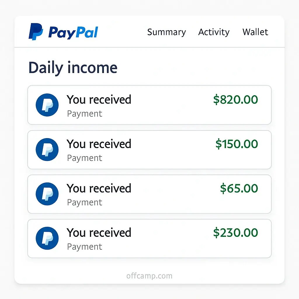 PayPal dashboard displaying daily income notifications