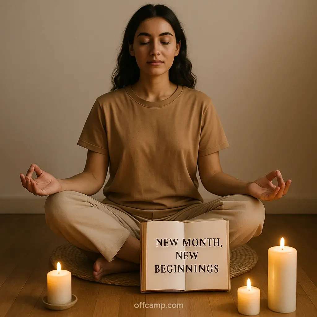 Peaceful meditation scene with new month quotes book and candles for spiritual reflection