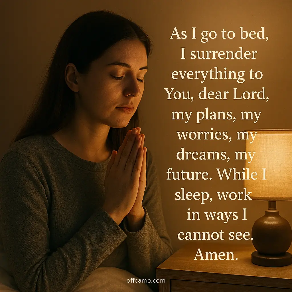 Peaceful woman saying night prayer messages before sleep beside bedside lamp glow