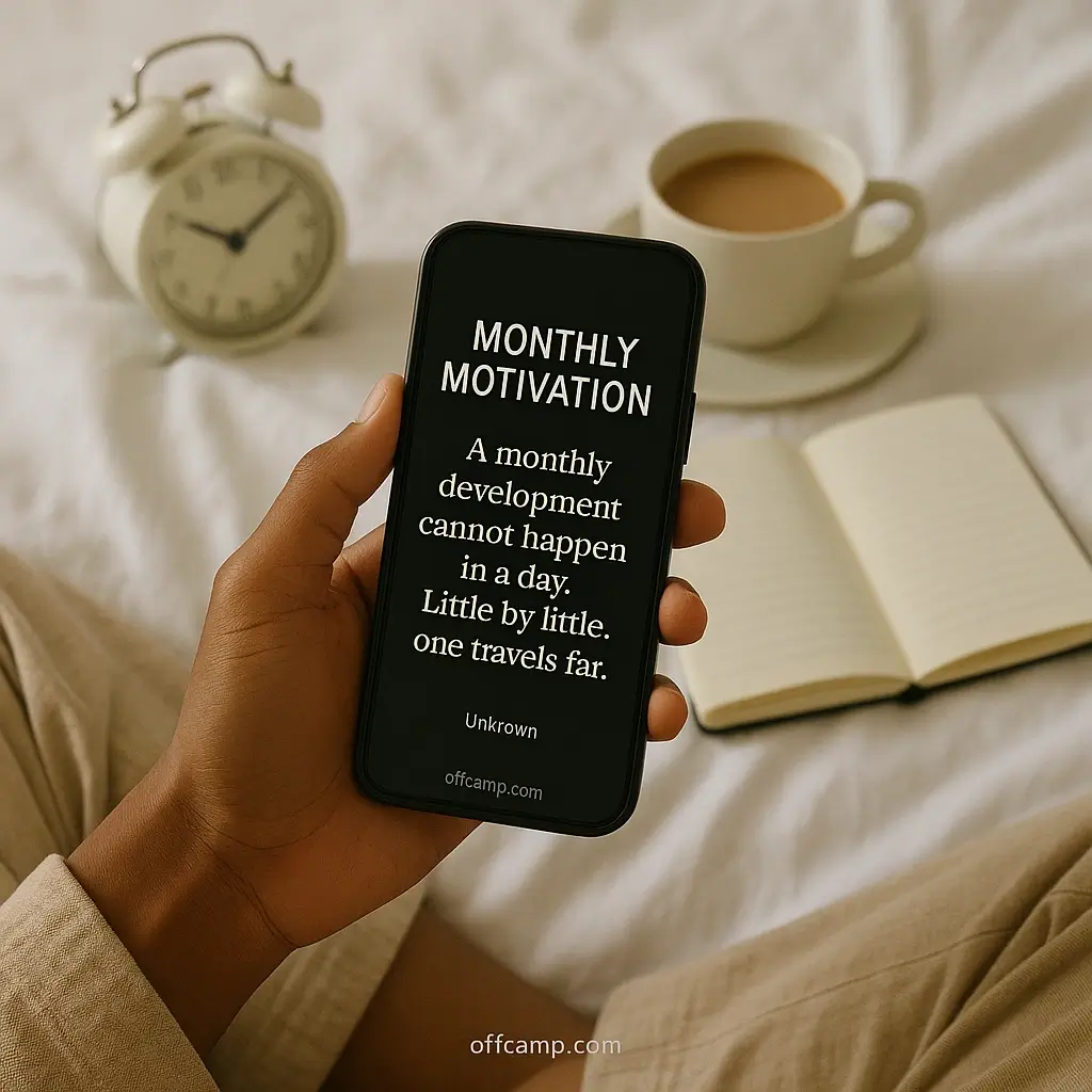 Person reading monthly motivation quotes from phone during morning routine for success