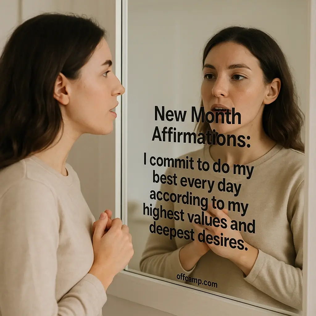 Person speaking new month affirmations aloud while looking in mirror for self-confidence