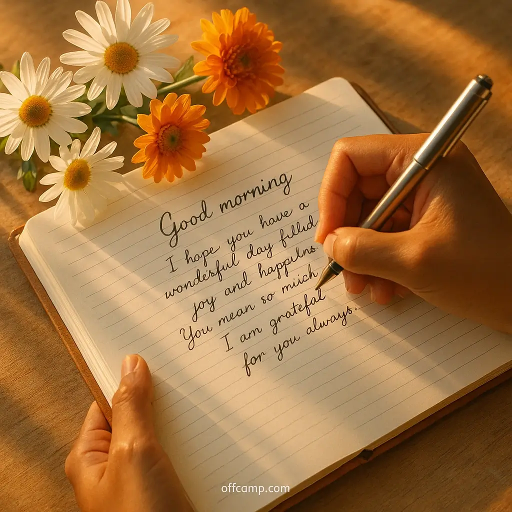 Handwritten long good morning message note placed next to coffee cup and fresh morning flowers
