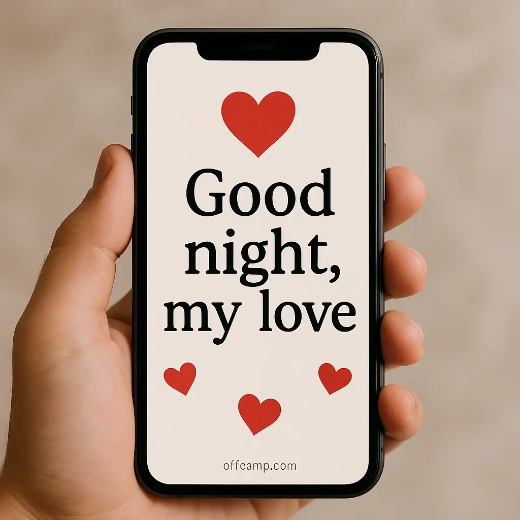 Romantic good night message for him displayed on phone screen with heart decorations
