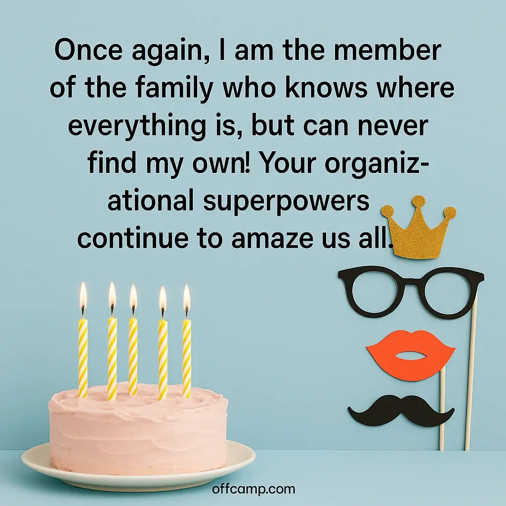 Sarcastic funny birthday wishes collection displayed with birthday cake and funny party props