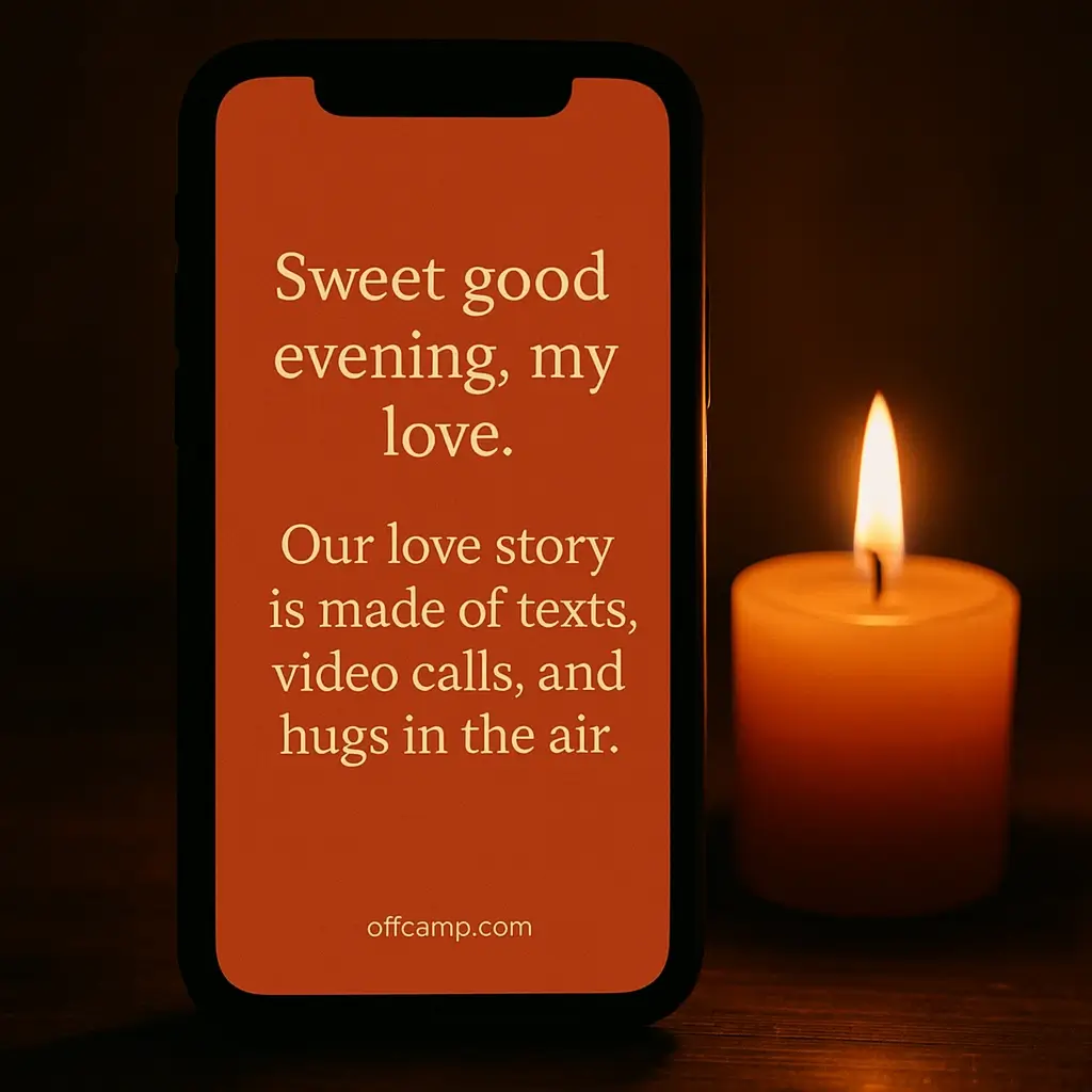 Sweet good evening message to my love displayed on phone screen with candlelight ambiance