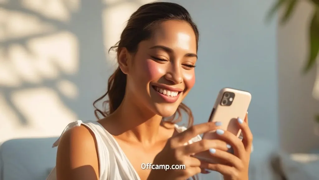 Woman smiling and blushing while typing flirty messages on phone in bright natural light