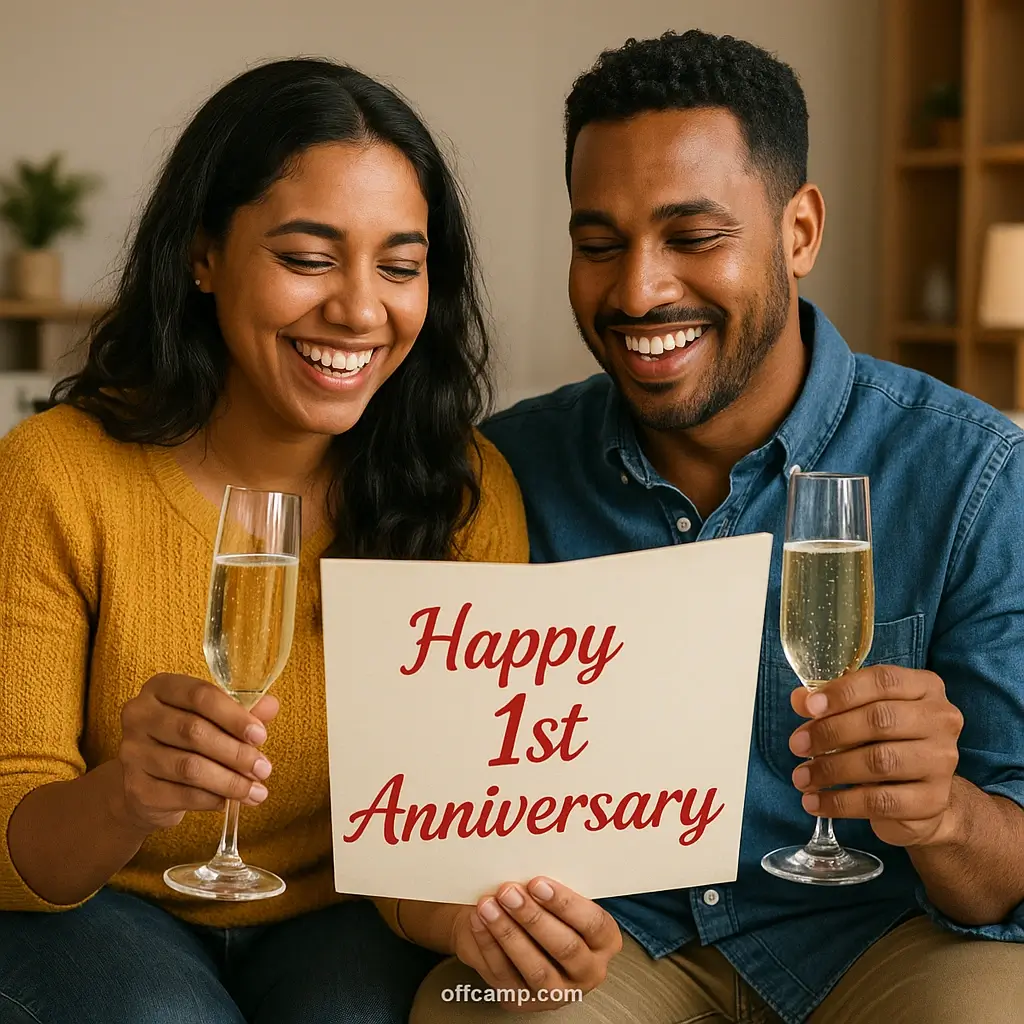 Romantic 1st wedding anniversary wishes displayed on wooden background with vintage wedding rings