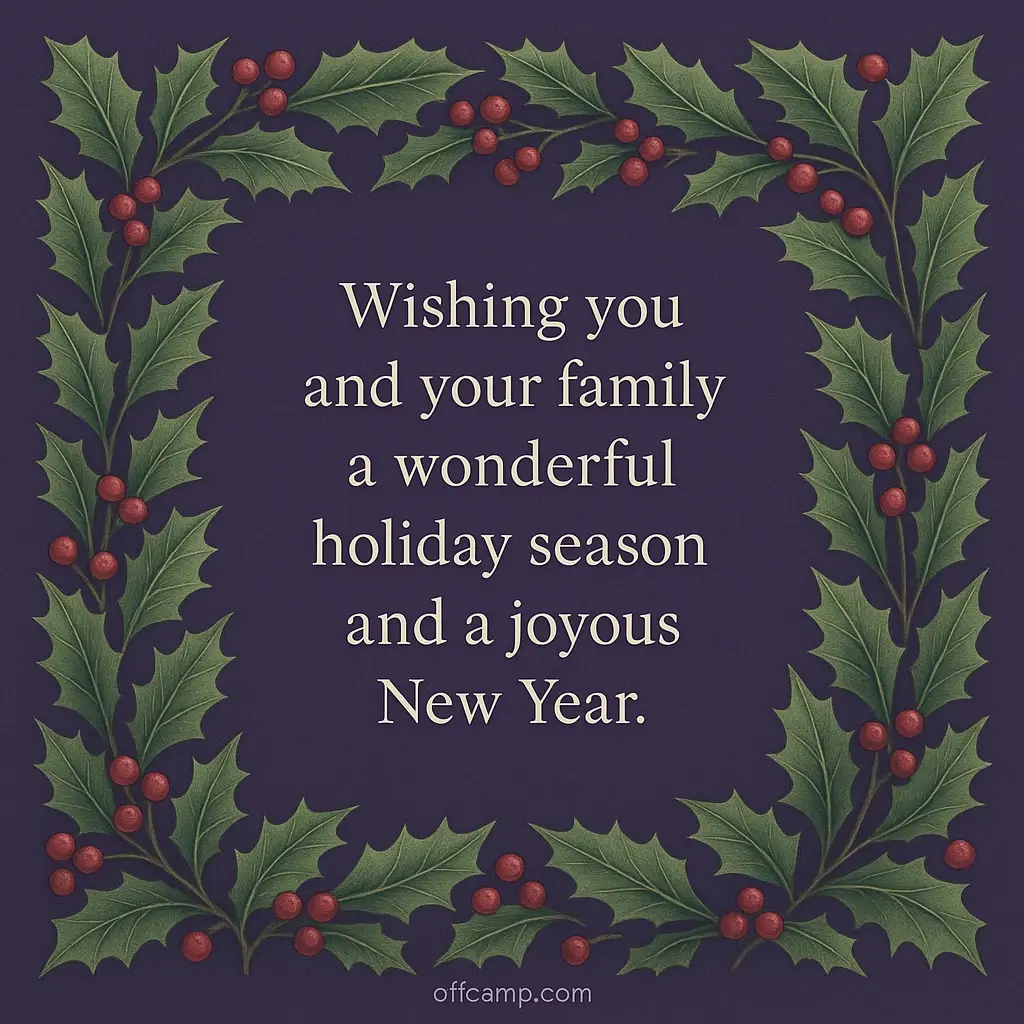 Purple elegant Christmas card with holly borders featuring heartfelt holiday wishes for family and friends