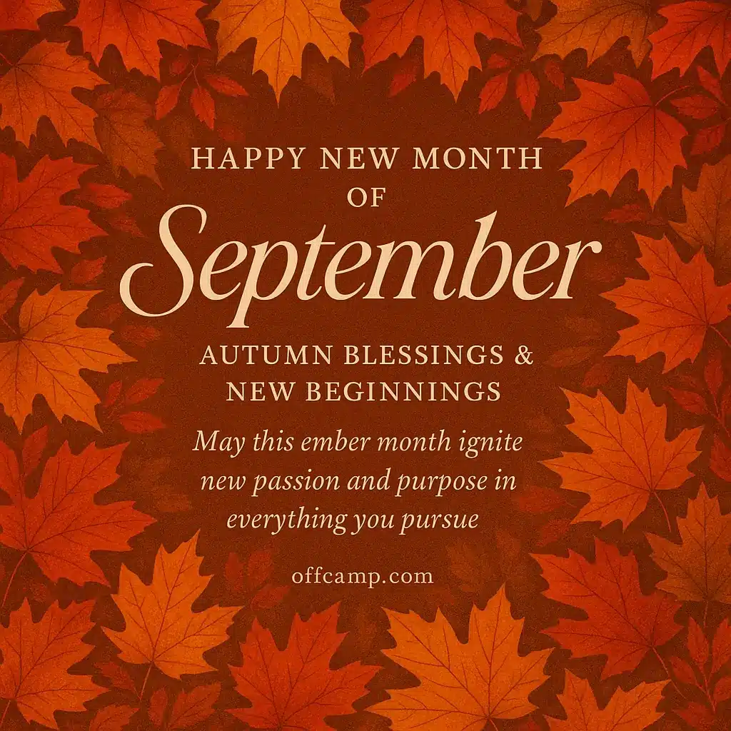 Happy new month of September 2025 wishes card with autumn leaves background featuring inspirational prayer message for new beginnings and blessings