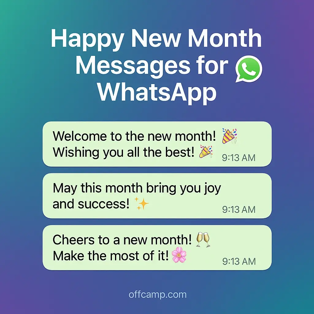 Happy new month WhatsApp messages card with emoji status updates and short blessing wishes for social media sharing and group chats